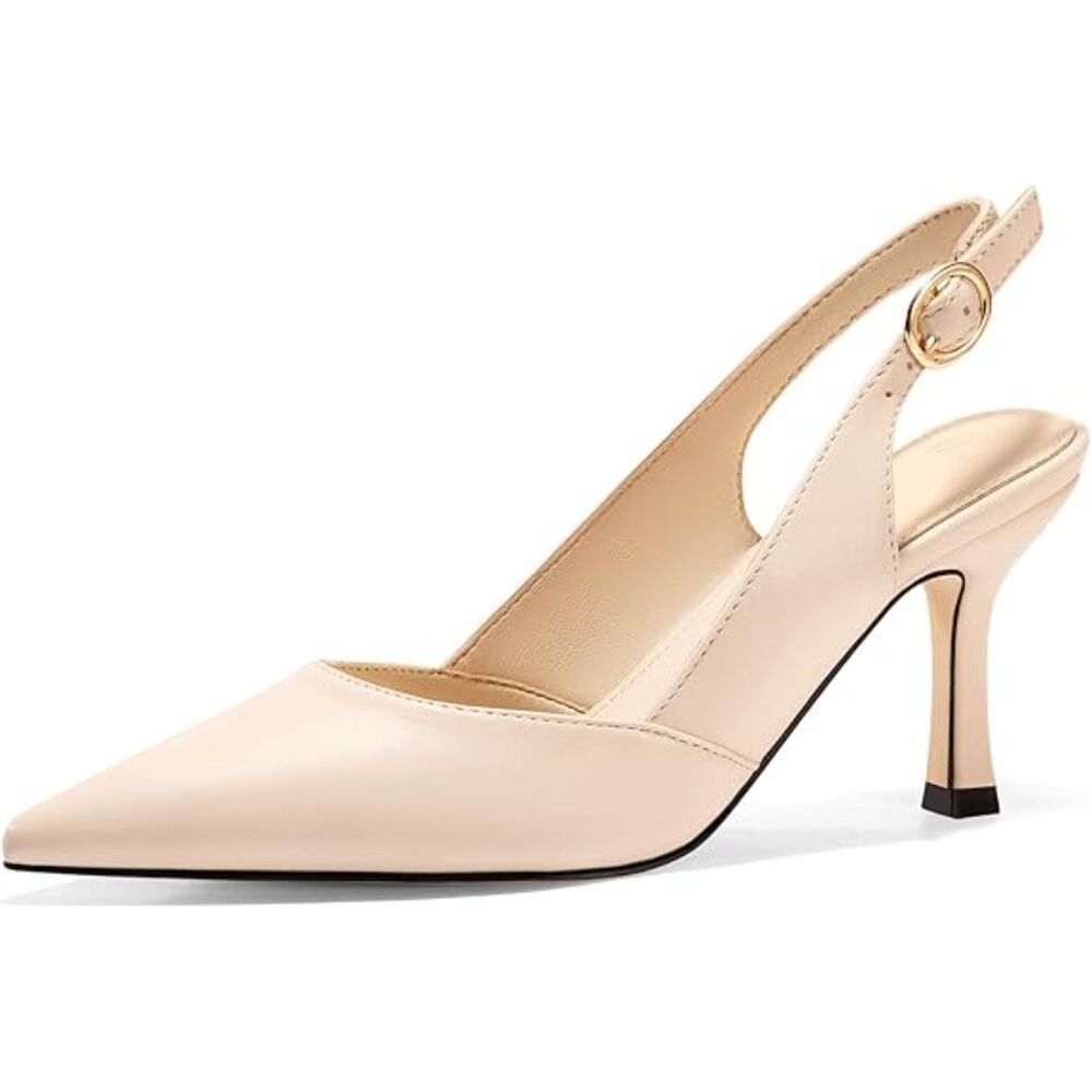 Women's Nude P Closed Toe Faux Leather Slingback Kitten Heel Wedding Pumps Shoes